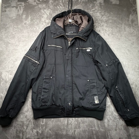 Rework 522 Streetwear Mens XL Black Hooded Bomber Jacket Utility Multi Pocket